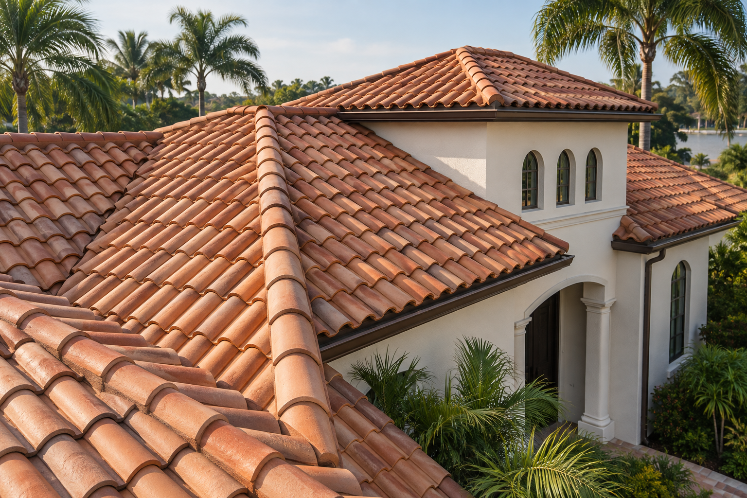 Illustration of an intact terracotta tile roof on a Florida-style home